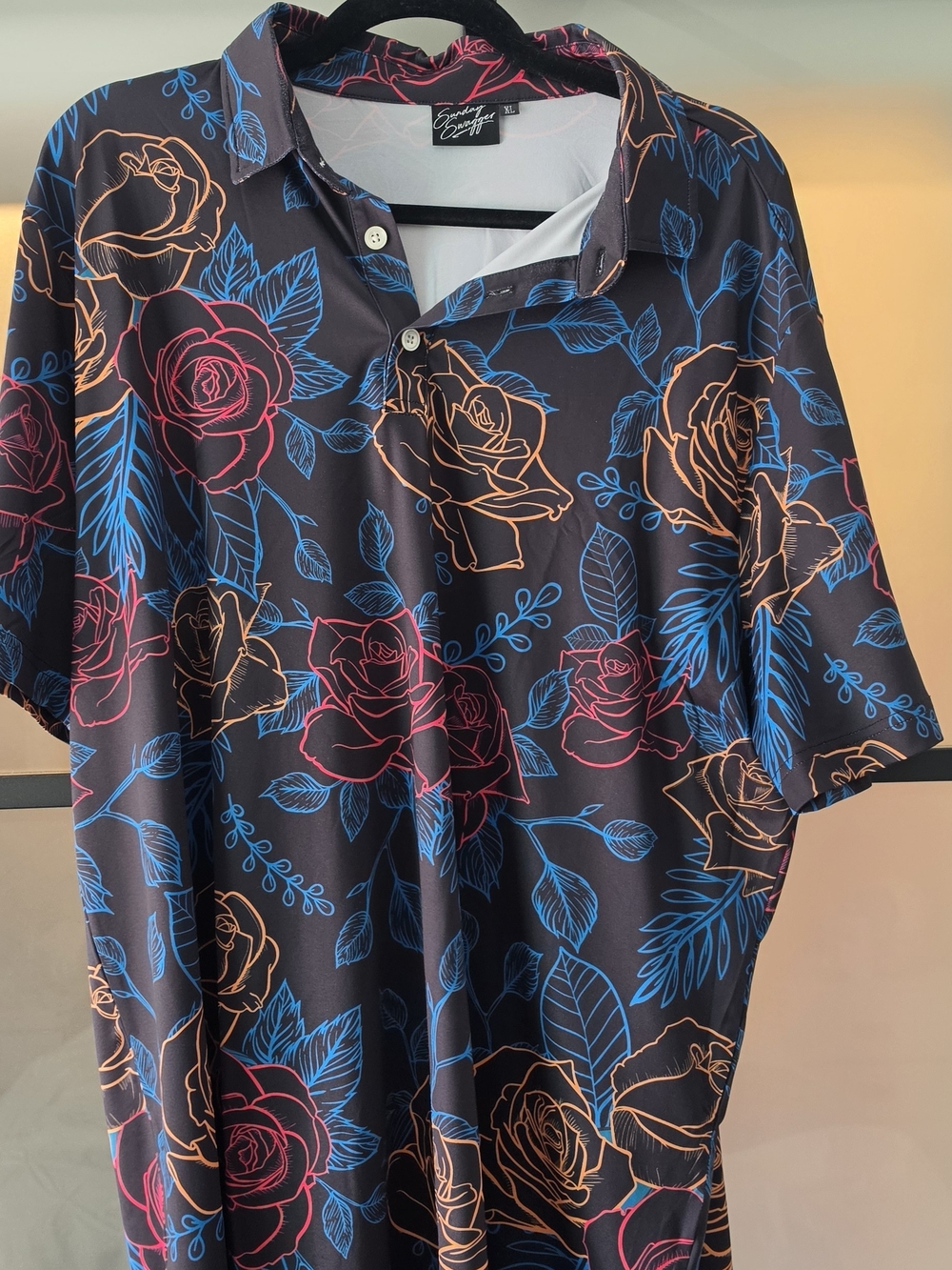 Sunday Swagger -  Men's Floral Polo - Black with Blue, Pink & Orange Accents